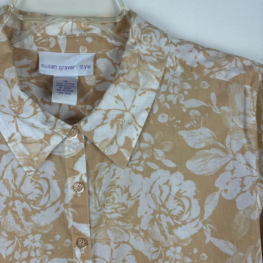 Susan Graver Style 100% cotton long tunic top in butterscotch floral print-1X